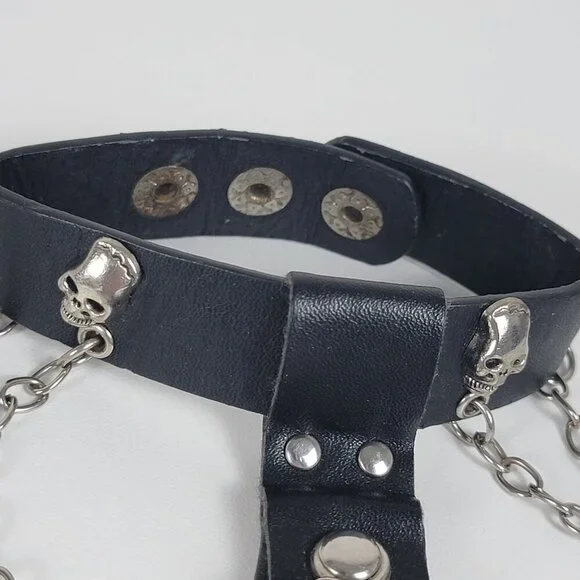 Black Faux Leather Silver Tone Skeleton Hand Slave Bracelet Punk Halloween Goth - Picture 4 of 9